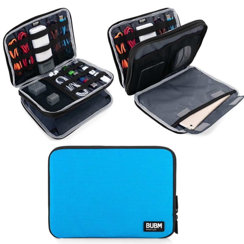 BUBM Double Layer Electronics Organizer/Travel Gadget Bag for Cables, Memory Cards, Flash Hard Drive and More, Fit for iPad or Tablet(up to 9.7")-Large, Blue - Image 1